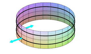 The plot shows a cylinder. There is a normal rotating around the
cylinder near the top pointing inward, followed by a normal rotating around the
cylinder near the bottom pointing outward.